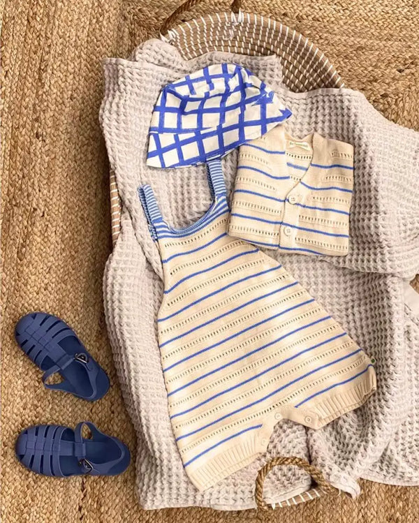 Corfu - Blue Stripe Knit Baby & Toddler Shorty Romper PLAYSUIT / BABYGROW / ROMPER